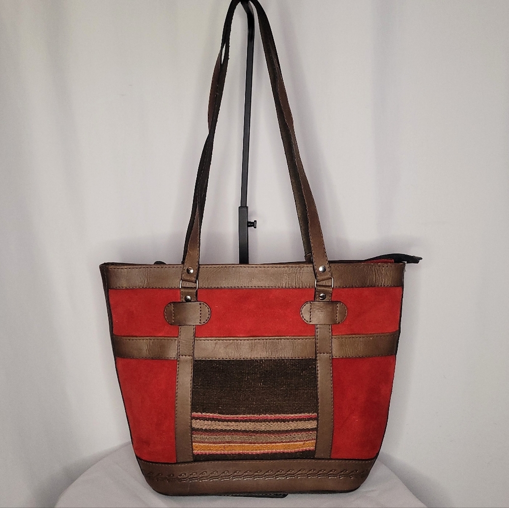 Boho Red Suede & Leather Tote Bag | Southwestern Stripe Shoulder Purse - Picture 4 of 6